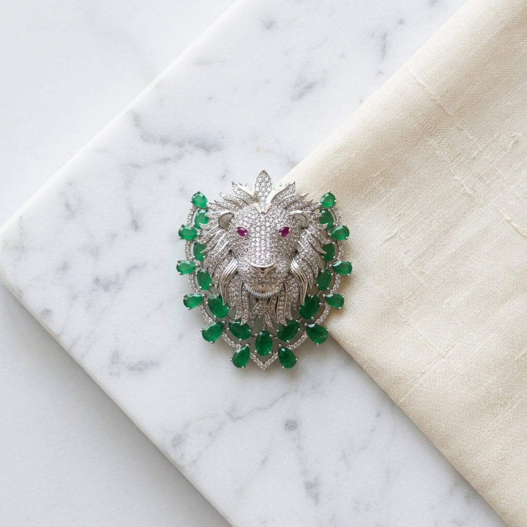 Emerald Accent Lion Magnetic Brooch in Brass with Zircon Stones