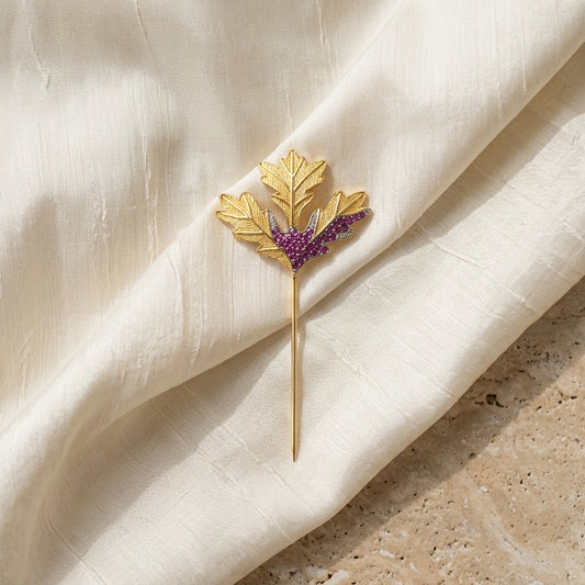 Amethyst Leaf Luxe Lapel Pin – Gold Plated Brass with AAA+ Zircon Stones