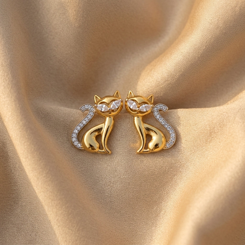 Golden Cat Zircon Stud Earrings