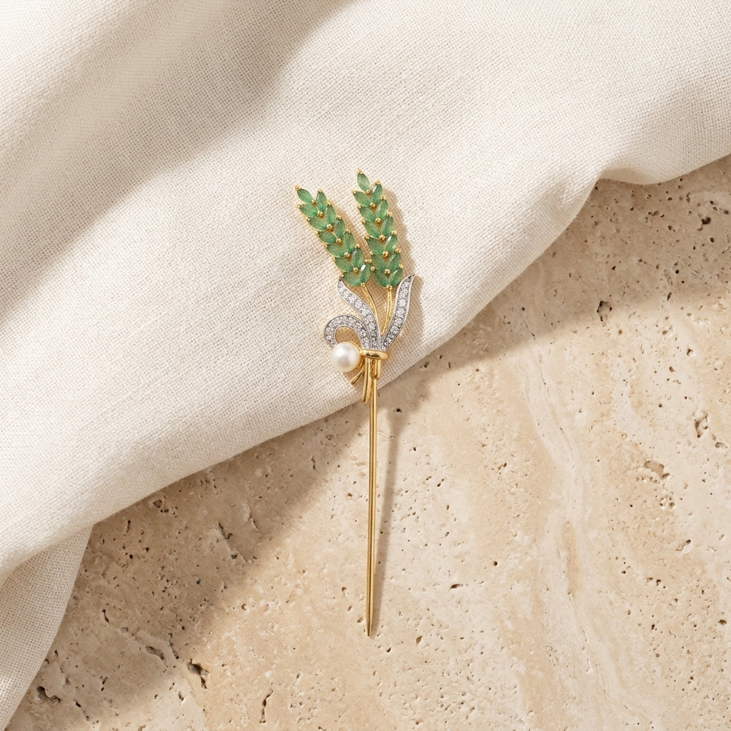 Emerald Wheat Pearl Lapel Pin – Gold Plated Brass with Zircon Detailing