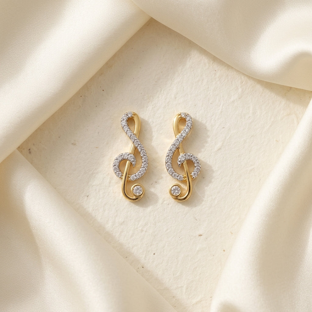 Melody Spark Treble Clef Earrings – 18K Gold Plated Zircon Stud Earrings