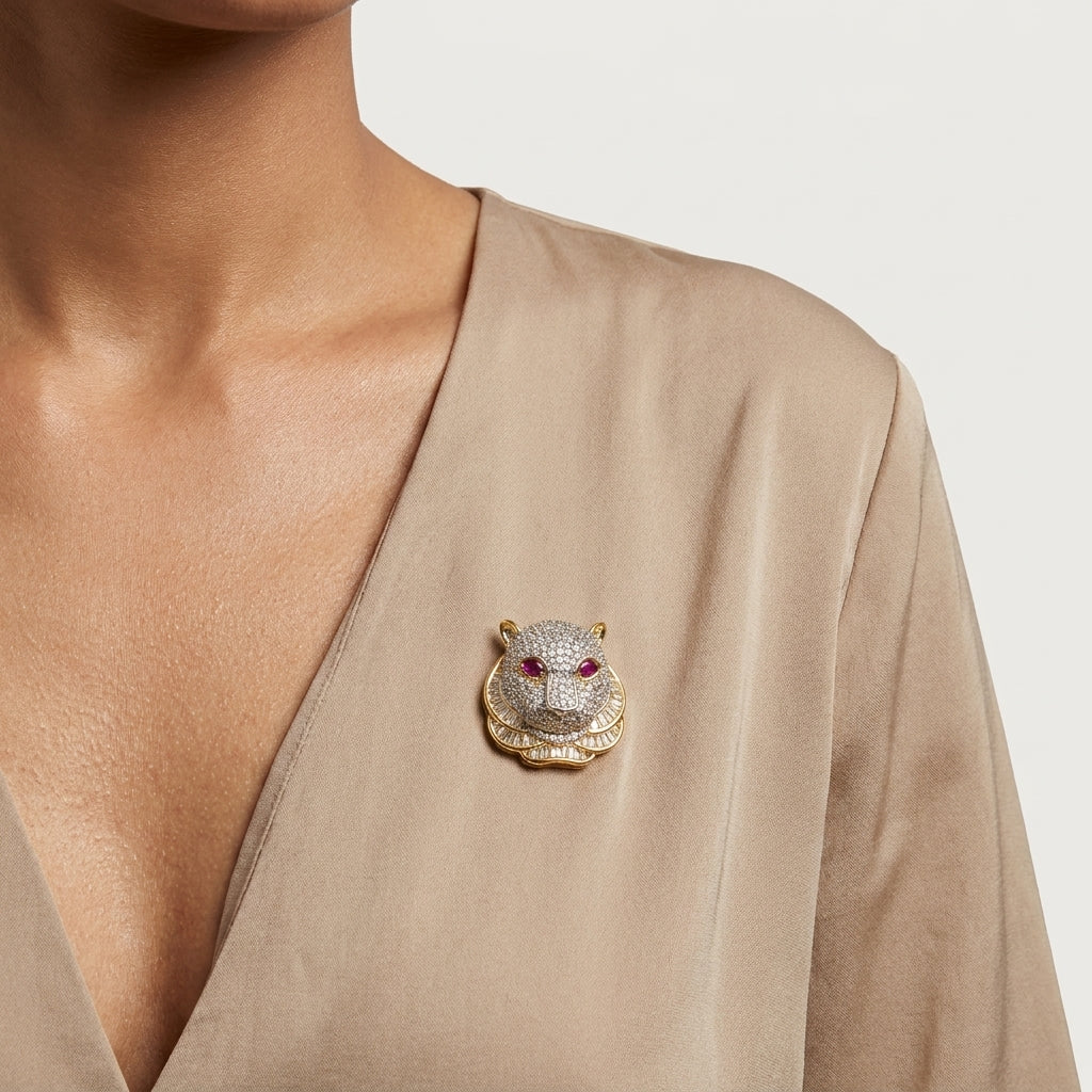 Ruby Panther Luxe Lapel Pin – Gold Plated Brass with AAA+ Zircon Stones