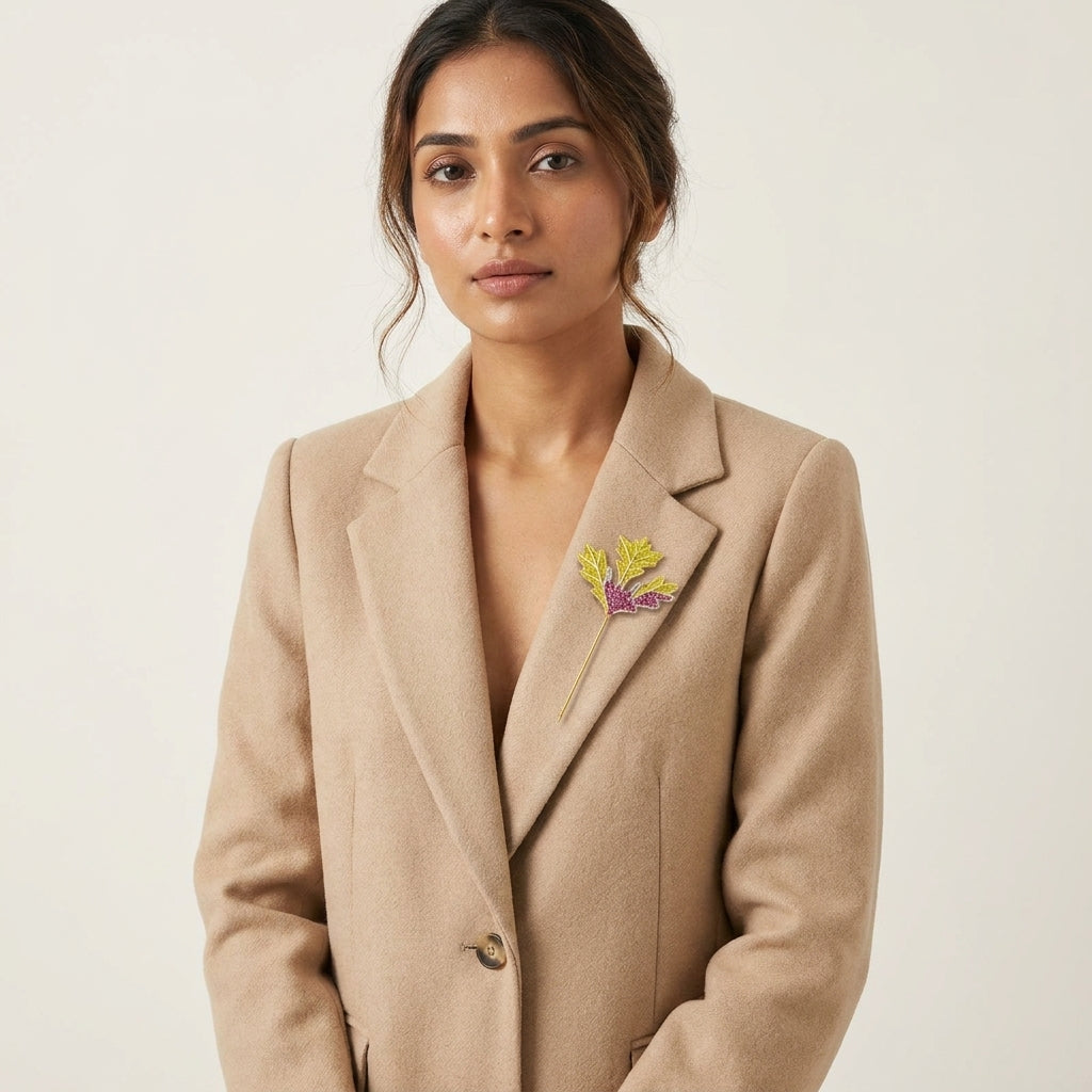 Amethyst Leaf Luxe Lapel Pin – Gold Plated Brass with AAA+ Zircon Stones
