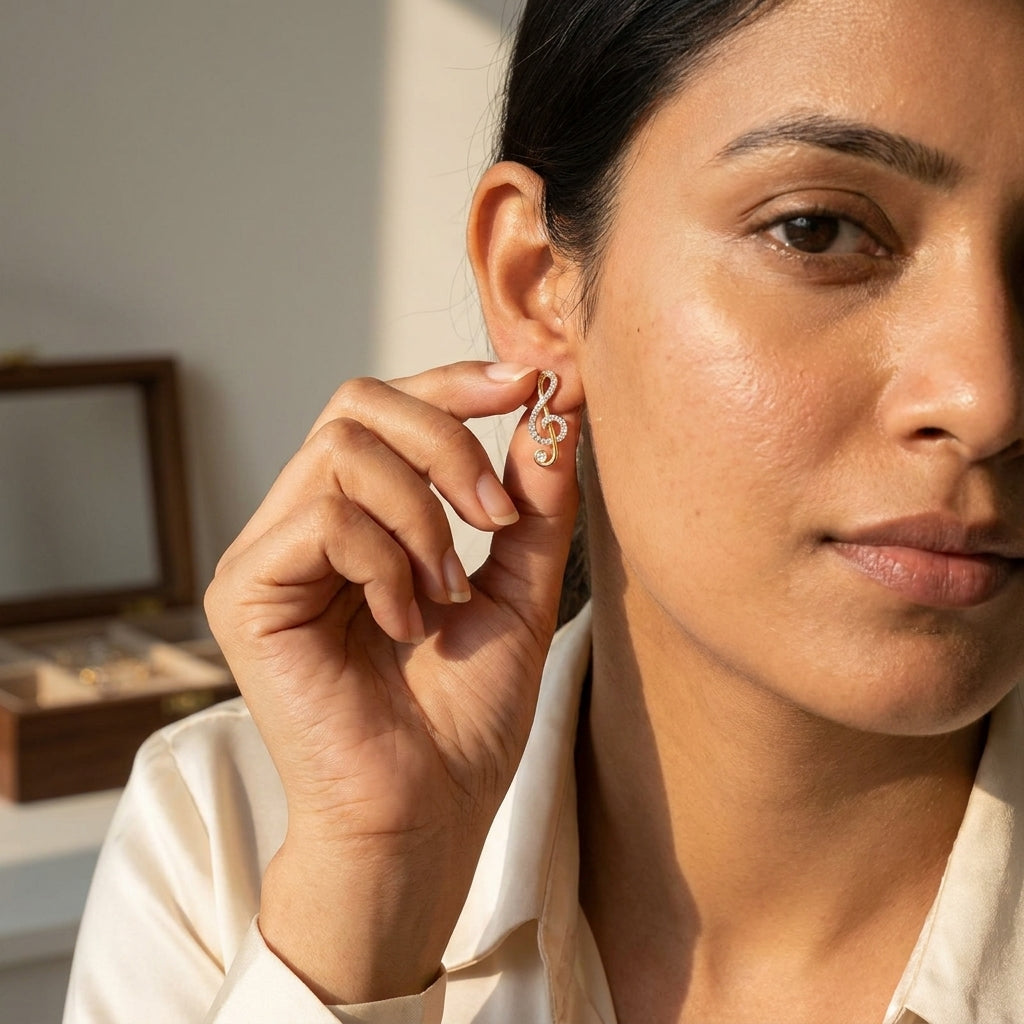 Melody Spark Treble Clef Earrings – 18K Gold Plated Zircon Stud Earrings