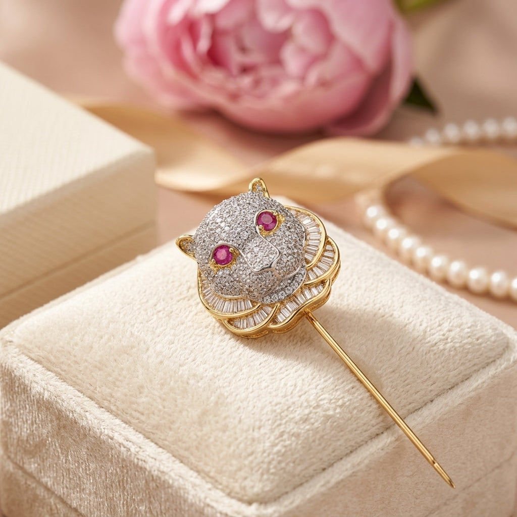 Ruby Panther Luxe Lapel Pin – Gold Plated Brass with AAA+ Zircon Stones