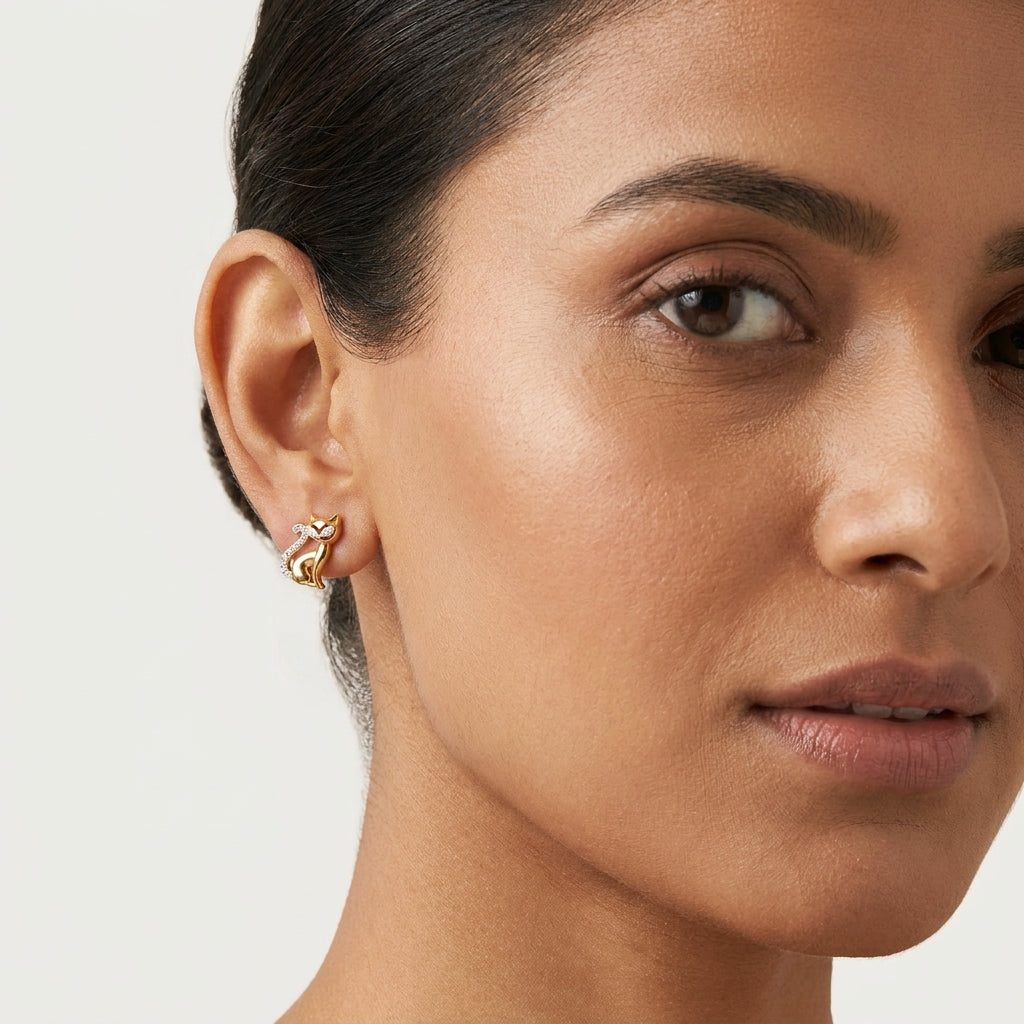 Golden Cat Zircon Stud Earrings
