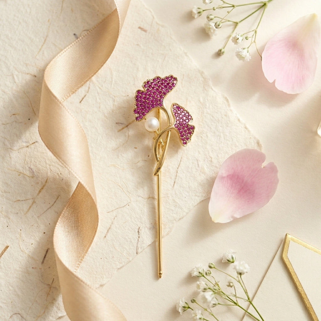 Blush Bloom Luxe Lapel Pin – Gold Plated Brass with AAA+ Zircon Stones & Pearl Accent