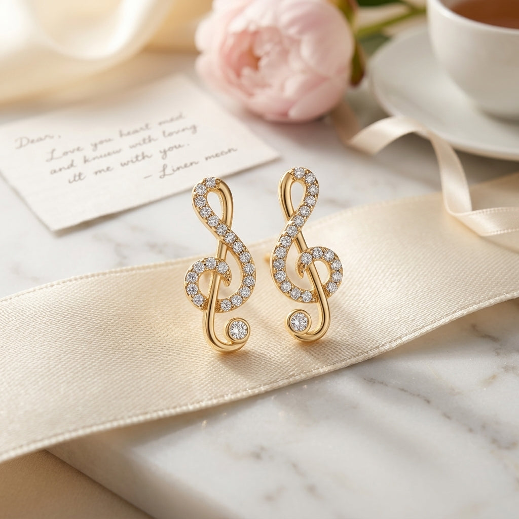 Melody Spark Treble Clef Earrings – 18K Gold Plated Zircon Stud Earrings