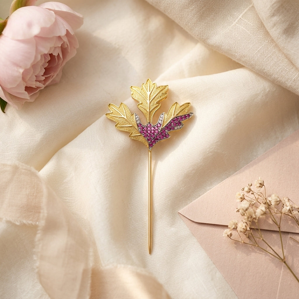 Amethyst Leaf Luxe Lapel Pin – Gold Plated Brass with AAA+ Zircon Stones