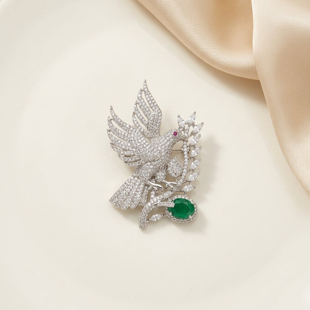 Peace Dove Brooch · Olive Branch & Emerald Drop · Pin-Back Lapel Brooch