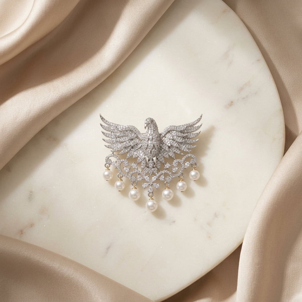 Soaring Falcon Brooch · Pearl-Drop Lapel Pin · Silver & Gold